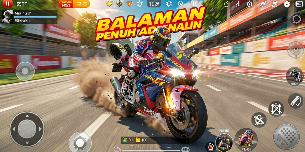 Tangkapan layar gameplay 55RT yang menampilkan balapan motor yang mendebarkan.