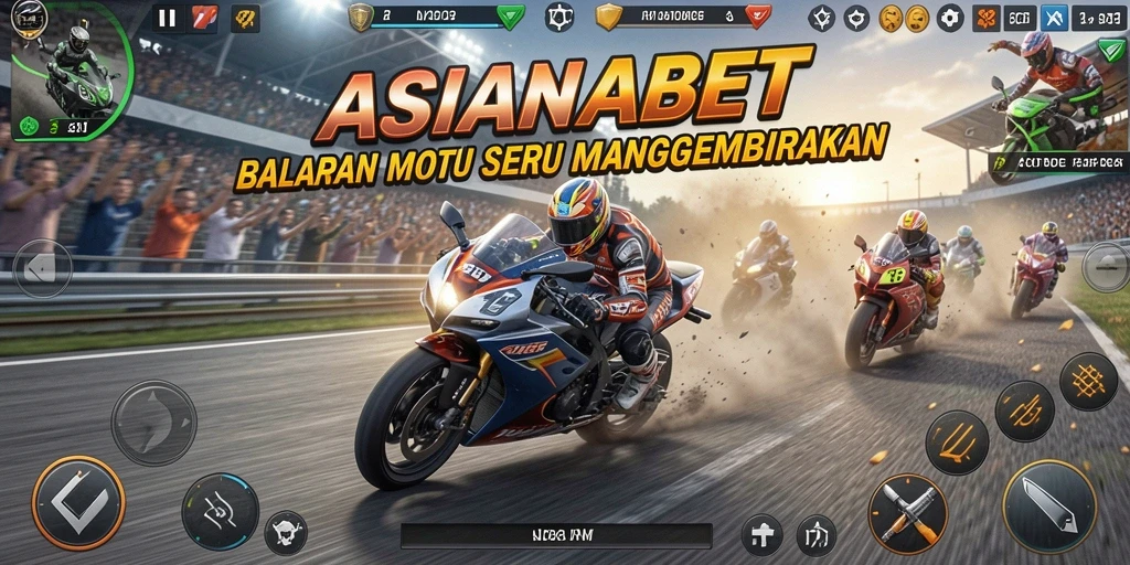 Screenshot gameplay ASIANABET menampilkan aksi balapan motor yang menegangkan.