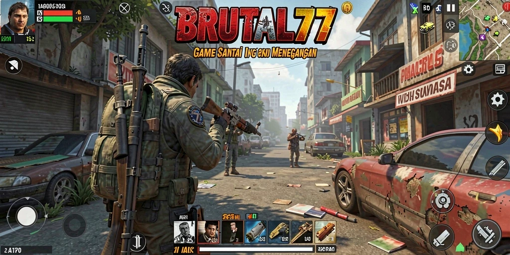 Tampilan gameplay seru dan penuh warna di BRUTAL77.