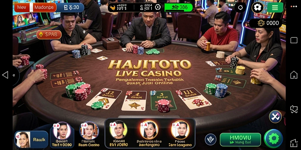 Screenshot gameplay HAJITOTO menunjukkan dealer yang profesional dan permainan yang mendebarkan.
