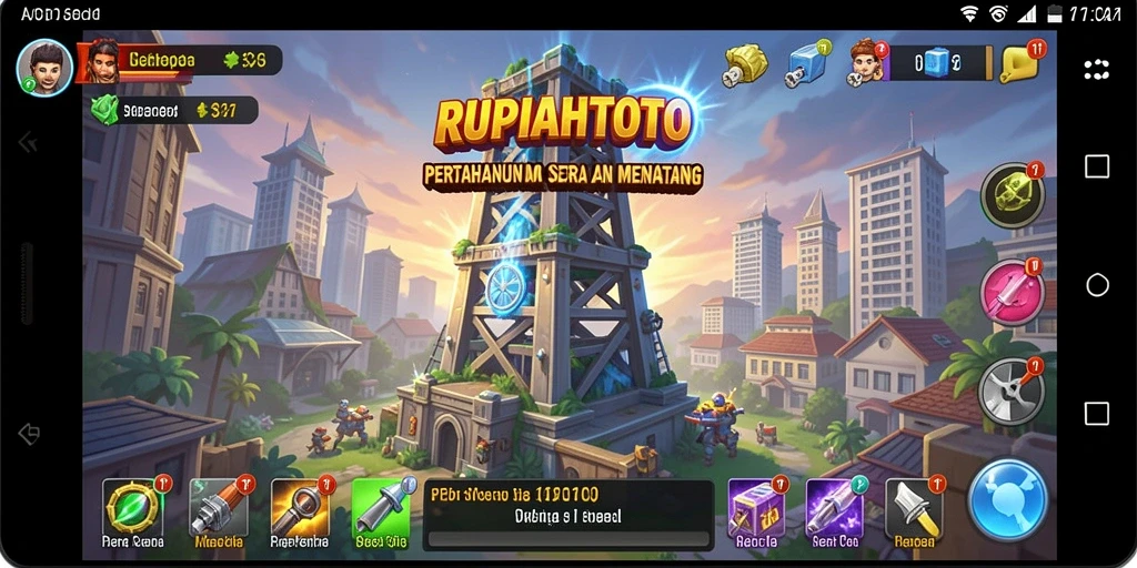 Tampilan permainan RUPIAHTOTO dengan menara dan musuh yang menegangkan.