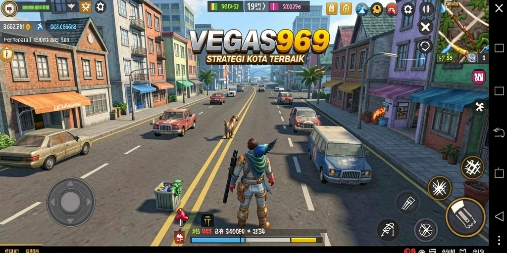 Tampilan gameplay VEGAS969 dengan berbagai bangunan strategis.